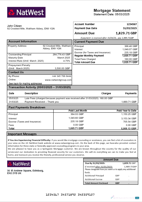 Download United Kingdom NatWest bank mortgage statement in Word and PDF formats Photoshop template